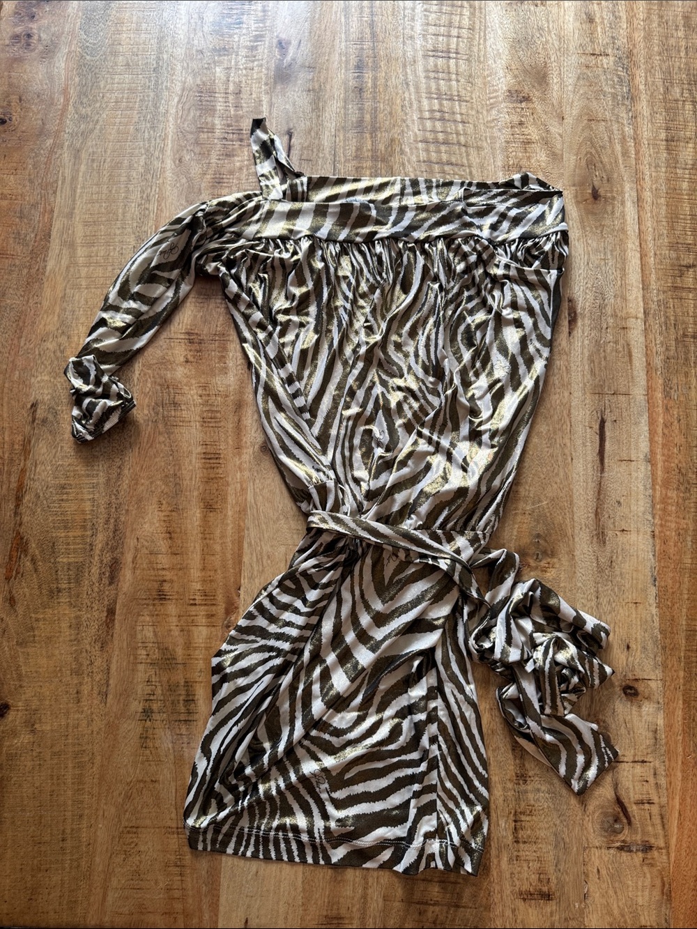 Baby Phat metallic gold cream Zebra Print One-Shoulder mini dress Tie Belt EUC